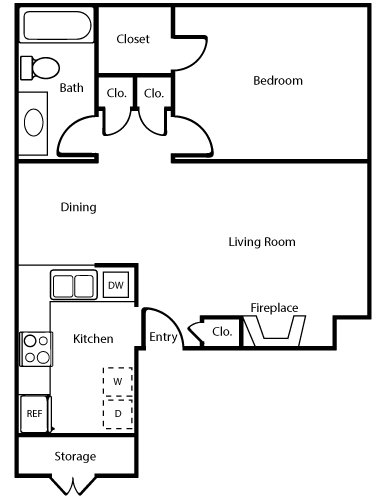 Floor plan for 1 bed, 1 bath, 559 sqft